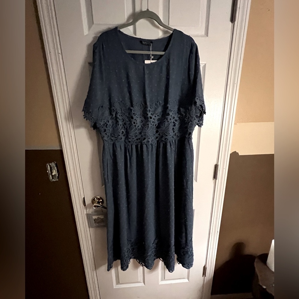 BloomChic steel blue dotted Swiss short sleeved, below knee dress w/crochet trim